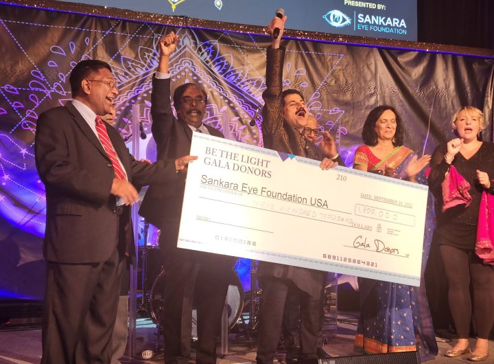 Gala Co-Chair Mohan Wanchoo (center) holds up a check for the Sankara Eye Foundation (SEF) in the amount of $1.3 million during the Be The Light Gala, which took place at Cipriani 42nd Street in Manhattan on September 24, 2022. Also pictured (left to right): SEF USA Co-Founder/Executive Chairman Murali Krishnamurthy, Co-Founder/President K. Sridharan, Board Member Anju Desai, and Fundraiser Erin Ward. (Behind Mr. Wanchoo: SEF USA Board Member R. Sundar.)