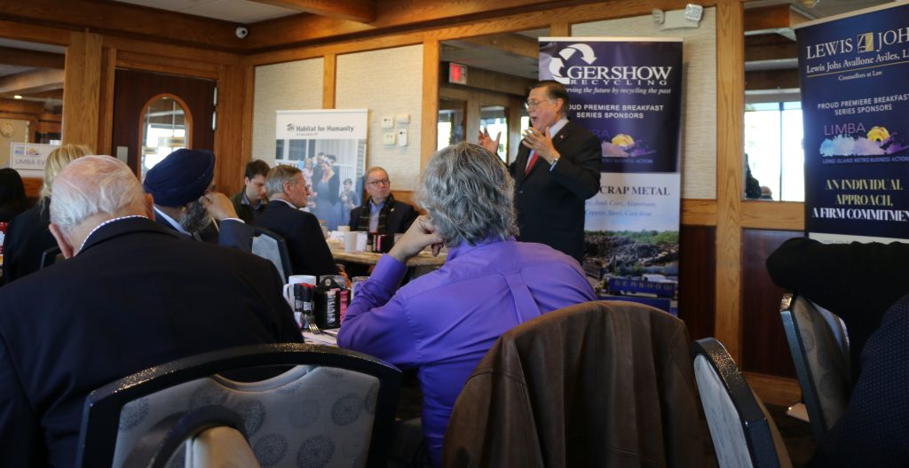 Photo by Hank Russell
Brookhaven Town Supervisor Ed Romaine addresses the audience at the LIMBA (Long Island Metro Business Action) meeting on October 21.