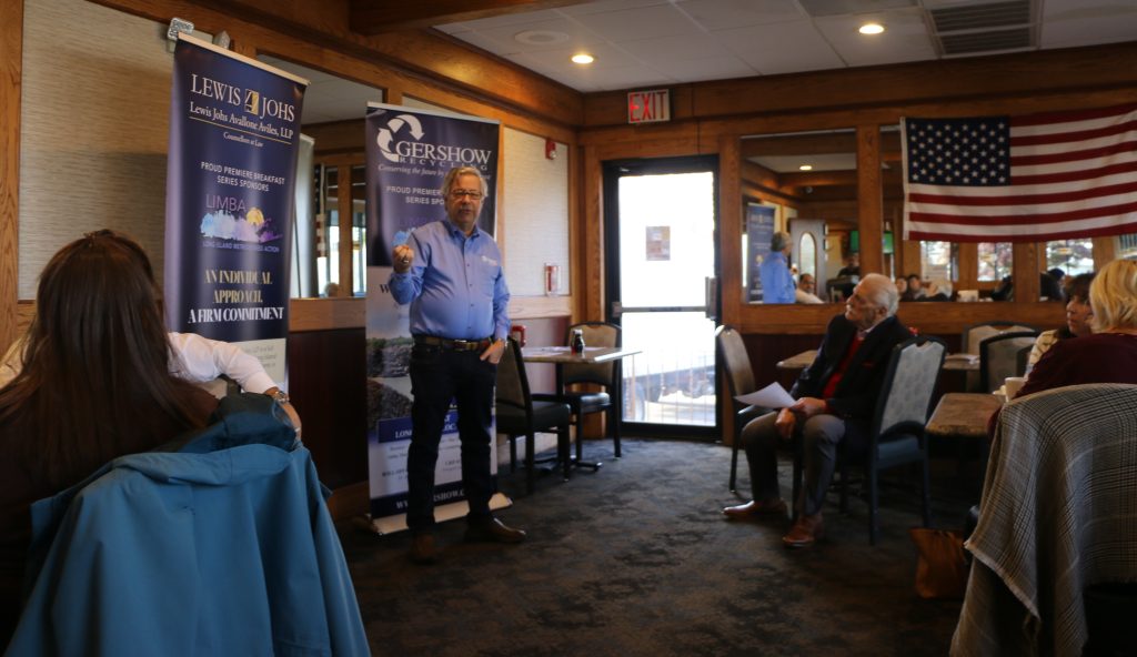 Photo by Hank Russell
Habitat for Humanity CEO Lee Silberman discusses the need for residential properties seized by the county to be donated to the towns for affordable housin during the LIMBA (Long Island Metro Business Action) meeting in Commack on November 4.