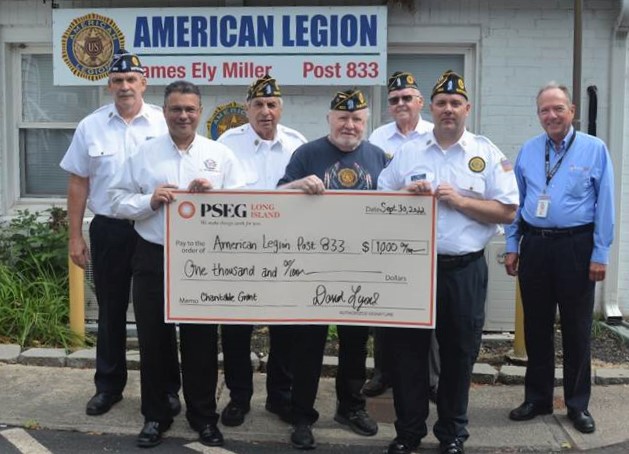 Pictured (l-r): American Legion Post 833 1st Vice Commander Kevin Eaton, PSEG Long Island Employee Enrique Morales, American Legion Post 833 2nd Vice Commander Richie Pandolf, Judge Advocate Ed Hemp, Service Officer Tom Mooney, Post Commander Bill Coderre, and PSEG Long Island and PSEG Long Island Employee Walter Hoefer.