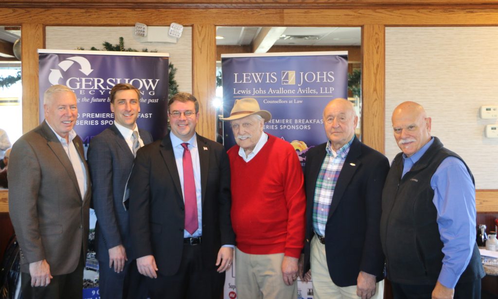 Photo by Hank Russell
Pictured (left to right): Winters Bros. Senior Vice President Will Flower, Suffolk County Legislative Candidate Ryan McGarry, Suffolk County Executive Candidate and LIMBA Guest Speaker Dave Calone, LIMBA Chairman Ernie Fazio, LIMBA Board Member Ken Nevor, and Dr. John Tanacredi, professor of Earth and Environmental Studies at Molloy College.