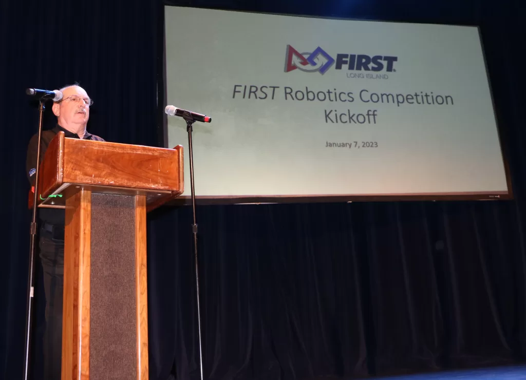 FIRST Long Island FRC Regional Director Larry Toonkel speaks during the FRC Kickoff at LIU Post’s Krasnoff Theater on January 7.