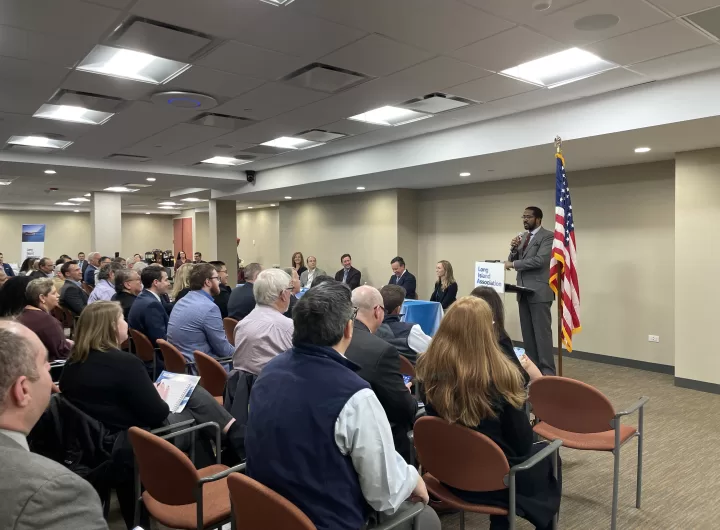 (Photo: Long Island Association) Rory Christian, Chair and CEO of the NYS Public Service Commission, addresses the audience at LIA's Energy & Environment Committee meeting on February 9.