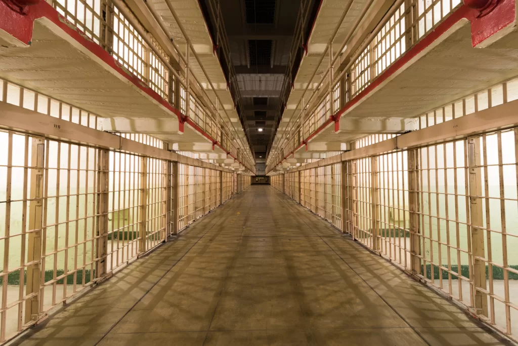 Brodway, the main corridor of the cellhouse dividing B and C Blocks of Alcatraz Prison at Alcatraz Island.