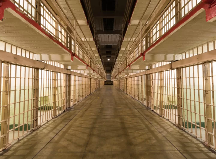 Brodway, the main corridor of the cellhouse dividing B and C Blocks of Alcatraz Prison at Alcatraz Island.