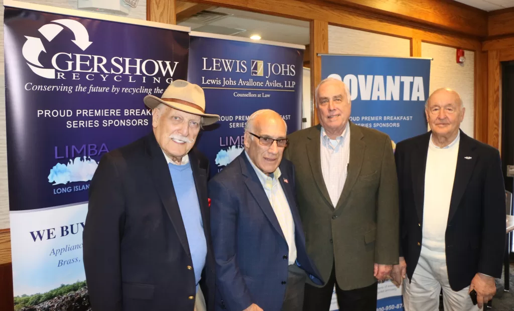(Photo by Hank Russell) Patchogue Village Mayor Paul Pontieri (second from left) is joined by members of LIMBA (Long Island Metro Business Action). Also pictured (left to right) Chairman Ernie Fazio and Board Members Al Vitters and Ken Nevor.