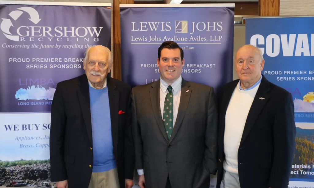 (Photo by Hank Russell) IgniteLI Executive Director Patrick Boyle (center) is joined by LIMBA (Long Island Metro Business Action) Chairman Ernie Fazio (left) and Board Member Ken Nevor (right) at the LIMBA meeting at the Candlelight Diner in Commack on March 3.