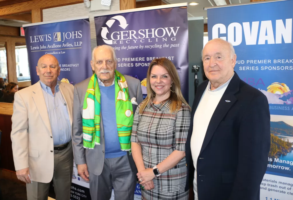 (Photo by Hank Russell) Discover Long Island President/CEO Kristen Reynolds (second from right) was the guest speaker at the LIMBA (Long Island Metro Business Action) meeting at the Candlelight Diner on March 17. Also pictured (l-r): R. B. Bender President Robert Bender, LIMBA Chairman Ernie Fazio and Board Member Ken Nevor.