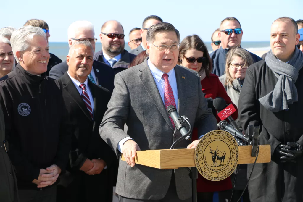 (Photo by Hank Russell) Brookhaven Town Supervisor Ed Romaine speaks at a press conference before the signing of the Town Community Agreement at Smith Point County Park on March 20.
