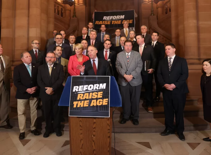 (Photo: Office of NYS Assembly Minority Leader Michael Barclay) New York State Assembly Minority Leader Will Barclay is joined by fellow members of the Assembly Minority Conference to call for reforms to the "Raise The Age" law on March 23.