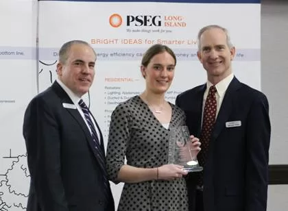 (Photo: PSEG Long Island) Pictured (l-r) are John Franceschina, PSEG Long Island Energy Efficiency program director; Ella Thirroueiz, STRACO Property Solutions business development associate; and Michael Voltz, PSEG Long Island director of Energy Efficiency and Renewables.