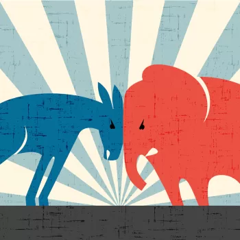 Democratic donkey and Republican elephant butting heads. Vector illustration.