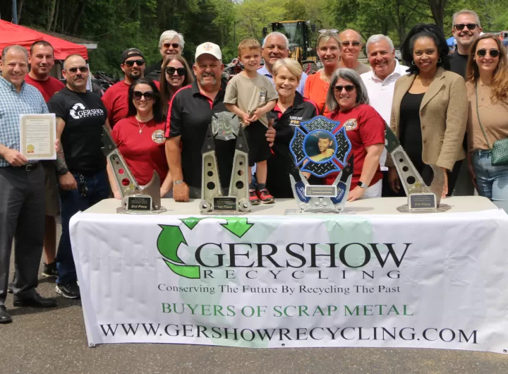 Pictured (front row, left to right): Huntington Town Clerk Andrew Raia, Gershow’s Huntington Facility Manager Rich D’Angelo, Rebecca Beach and her father, 16th Annual Chuck Varese Vehicle Extrication Tournament Co-Coordinator and former Northport Fire Chief Robert “Beefy” Varese; Mr. Varese’s grandson William Varese; Northport Fire Department Rescue Squad Lieutenant Jeanne Varese, Mr. Varese’s wife and co-coordinator of the 16th Annual Chuck Varese Vehicle Extrication Tournament; Northport Village Mayor Donna Koch, Huntington Receiver of Taxes Jillian Guthman, Esq., and Northport Village Trustee Meghan Dolan.

Back row (l-r) Northport Fire Chief Doug Pyne, Chief; Will and Jenny Varese, Mr. Varese’s son and daughter-in-law; Huntington Town Highway Superintendent Andre Sorrentino, Suffolk County Legislator Stephanie Bontempi, Gershow Vice President of Special Projects Steve Rossetti, and New York State Assemblyman Keith Brown.

Third row: Northport Village Trustee Ernest Pucillo and Northport Deputy Mayor Joe Sabia.