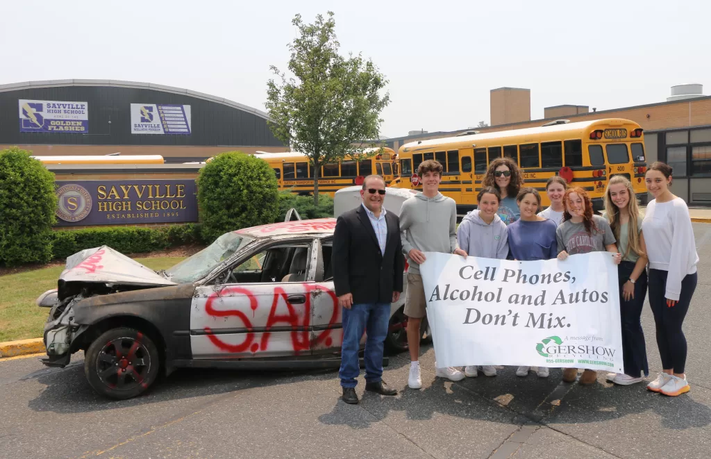 Pictured (front row, left to right): Gershow Recycling Manager  Jonathan Abrams, and Sayville High School  SADD (Students Against Destructive Decisions) chapter members Jack D’Andrea, Sophia Montalto, Kate Leigh Manvell, Courtney Corcoran and Sophia Lorenzo.

Back row, l-r: Colleen Doyle, Faith Cummings, and Sayville High School SADD Moderator Margie Dashiell.