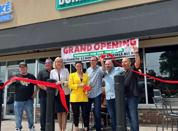 (Photo: Town of Brookhaven) (l-r) Burrito Blvd. Mineola Store Owner Gerson Bernal, Coram Landlord Rick Nelin, Town of Brookhaven Councilwoman Jane Bonner, Burrito Blvd Coram Owner Leigh Anne Moreira, Burrito Blvd Coram Investors Robert Goldman and Leandro Moreira, and Burrito Blvd. Coram Franchise Owner Robert Matos.