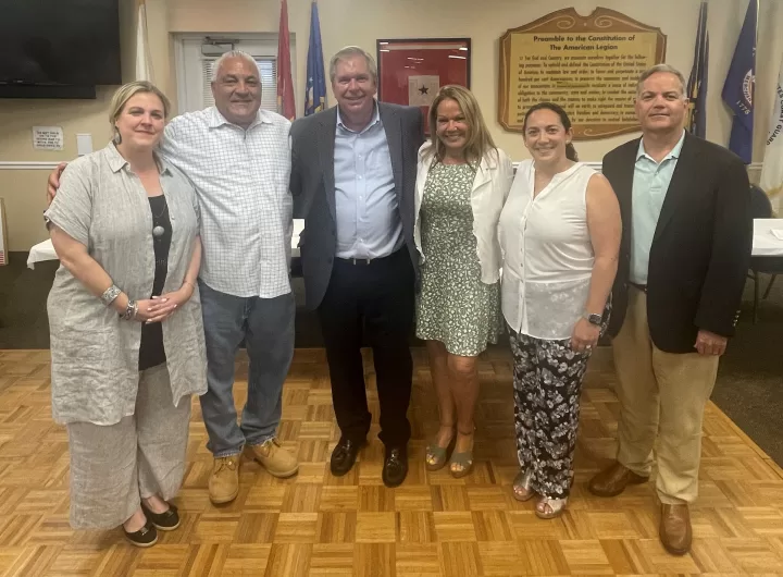 (Photo Courtesy of Huntington Republican Committee) Huntington Town Republican Committee Chairman Tom McNally (third from left) is joined by fellow committee members after being unanimously re-elected for another term. Pictured (left to right): Huntington Town Board Candidate Brooke Lupinacci, Highway Superintendent Andre Sorrentino, Town Board Candidate Theresa Mari, Receiver of Taxes Candidate Pamela Velastegui, and Town Supervisor Ed Smyth.