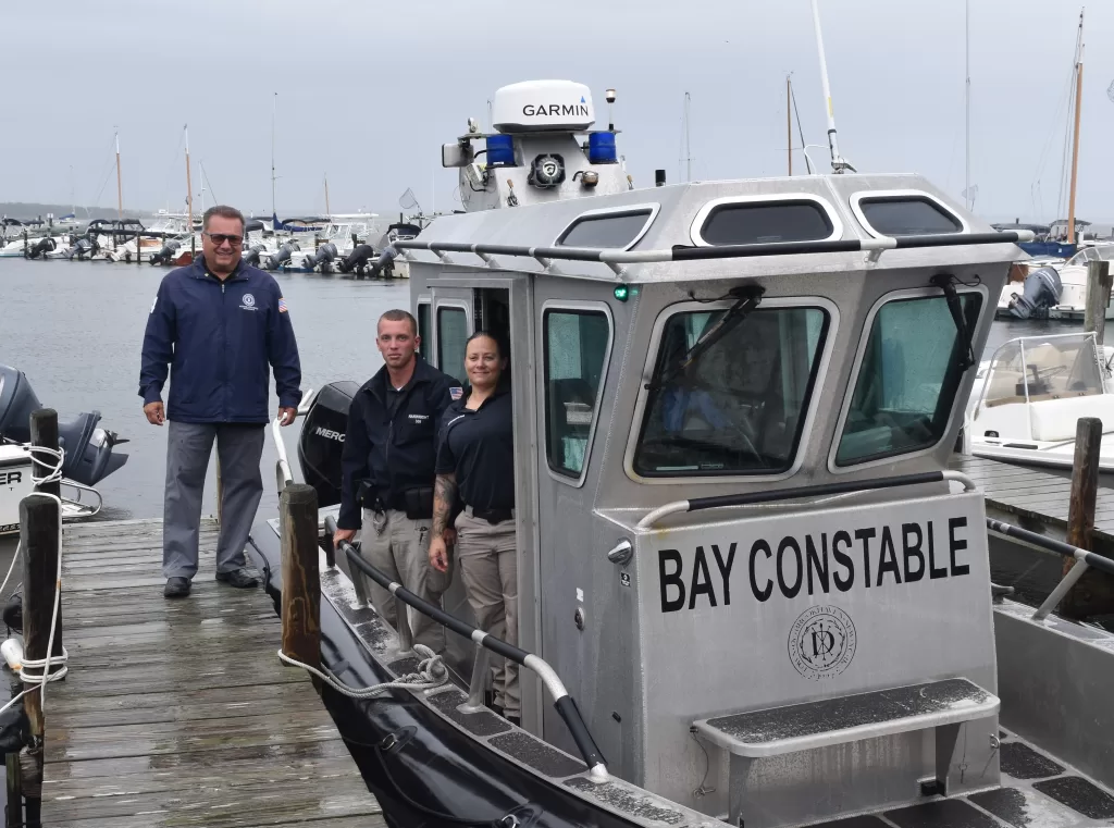 (Photo: Town of Brookhaven) Pictured (left to right): Brookhaven Town Councilman Michael Loguercio, Town Senior Harbormaster Cameron Hanwright and Harbormaster Alex Buongiovanni.