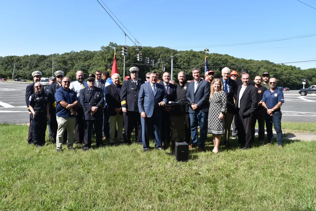 (Photo: Town of Brookhaven) Brookhaven Town Supervisor Ed Romaine (center) was joined at the press conference by (center, left to right) Deputy Supervisor Dan Panico, New York State Senator Mario Matera and Councilmember Jonathan Kornreich. Also lending their support of the
Supervisor’s appeal were local Chambers of Commerce, Civic Associations, Building and Construction Trades
workers and First Responders.