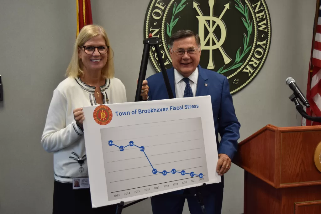 (Photo: Town of Brookhaven) Brookhaven Town Board Member Jane Bonner (left) and Town Supervisor Ed Romaine (right) display a chart showing a perfect fiscal stress score from the New York State Comptroller's Office.