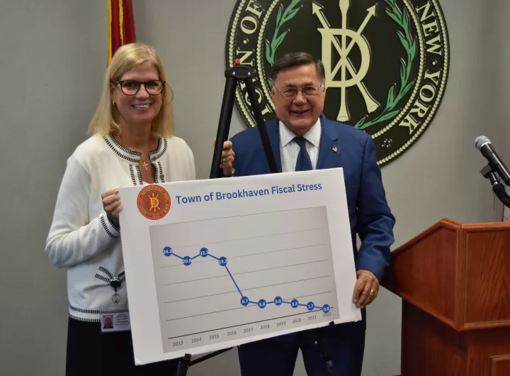 (Photo: Town of Brookhaven) Brookhaven Town Board Member Jane Bonner (left) and Town Supervisor Ed Romaine (right) display a chart showing a perfect fiscal stress score from the New York State Comptroller's Office.