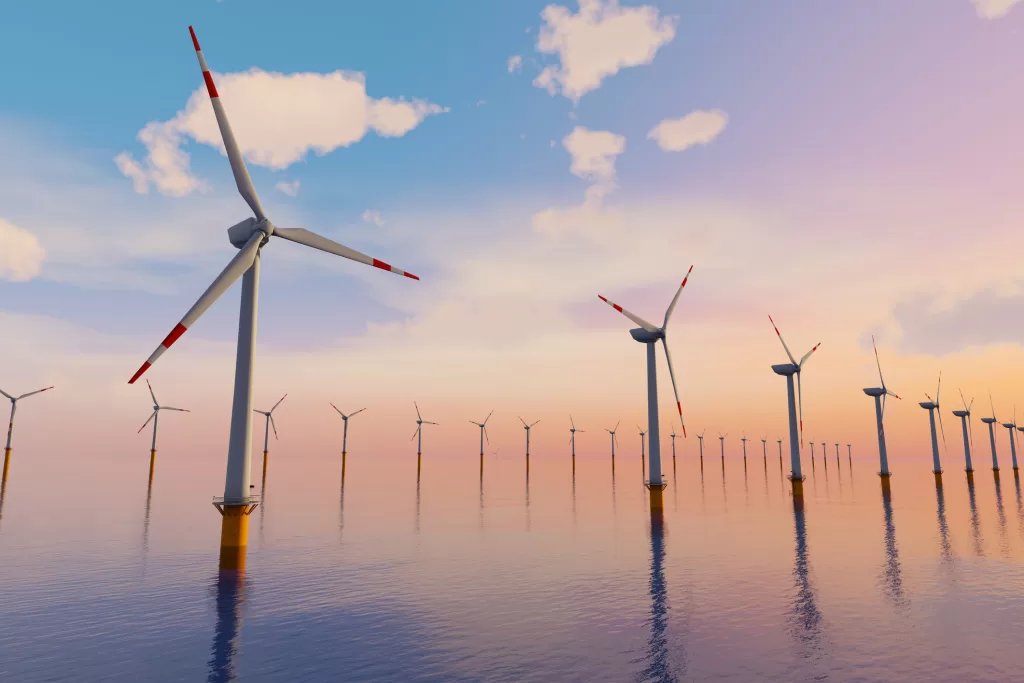 3D Rendering of Giant wind turbines farm located in the open sea, sunset shot. Concept of renewal energy using windmills