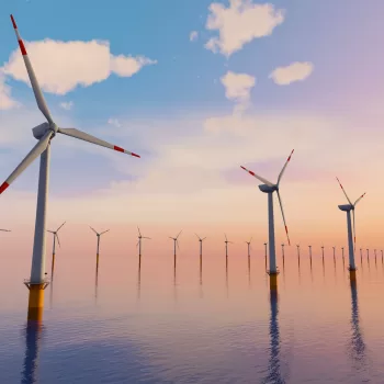 3D Rendering of Giant wind turbines farm located in the open sea, sunset shot. Concept of renewal energy using windmills