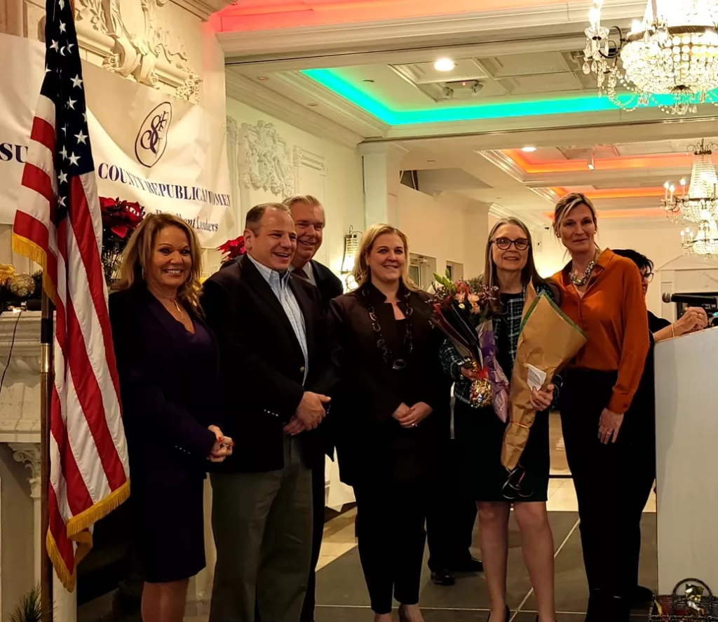 (Photo: Huntington Republican Committee) Huntington Republican Committee Member Debbie Adams-Kaden (second from right) was honored at the Suffolk County Republican Women’s Annual Holiday & Volunteer Award Dinner at Villa Lombardi’s in Holbrook on November 30. Also pictured (left to right): Huntington Town Councilwoman-elect Theresa Mari, Huntington Town Clerk Andrew Raia, Huntington GOP Chairman Tom McNally, Huntington Town Councilwoman-elect Brooke Lupinacci, and Suffolk County Legislator Stephanie Bontempi.
