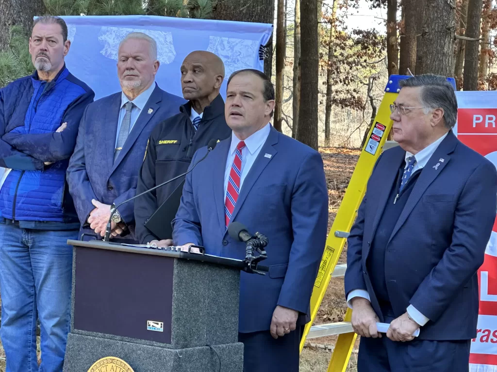 (Photo: Suffolk County DA's Office) Suffolk County District Attorney Ray Tierney announces his Evergreen Initiative at a press conference on December 15. Among those joining him are Suffolk County Sheriff Errol Toulon (center) and Suffolk County Executive-elect Ed Romaine.