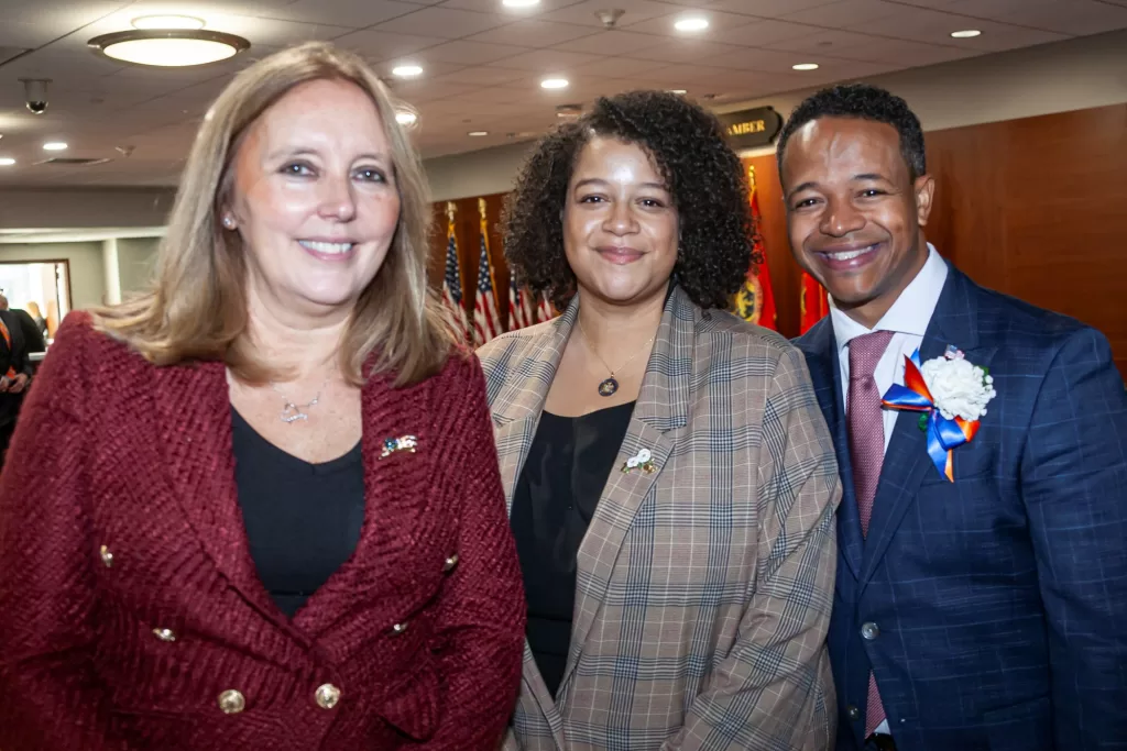 (Photo: Office of Legislator Carrié Solages) Nassau County Legislator Carrié Solages (right) was named ranking member of the Legislature's Finance Committee on January 8. He was joined by Legislator Delia DeRiggi-Whitton (left) during the inauguration.