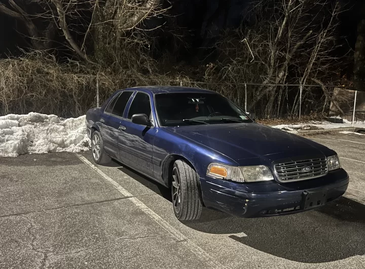(Photo Courtesy of SCPD) Suffolk County police seized this 2006 Ford Crown Victoria from Michael Doner of Oakdale, who was arrested for illegally performing stunts in the Melville area.