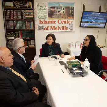 (Photo: Office of Governor Kathy Hochul) New York Governor Kathy Hochul (center) and New York State Police Superintendent Stephen G. James (right) meet with the leaders of Islamic Center of Melville on February 26.