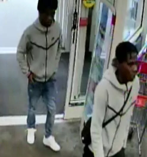 (Photo Courtesy of SCPD) These two were seen in a gray four-door sedan as they hit another car with a baseball bat.