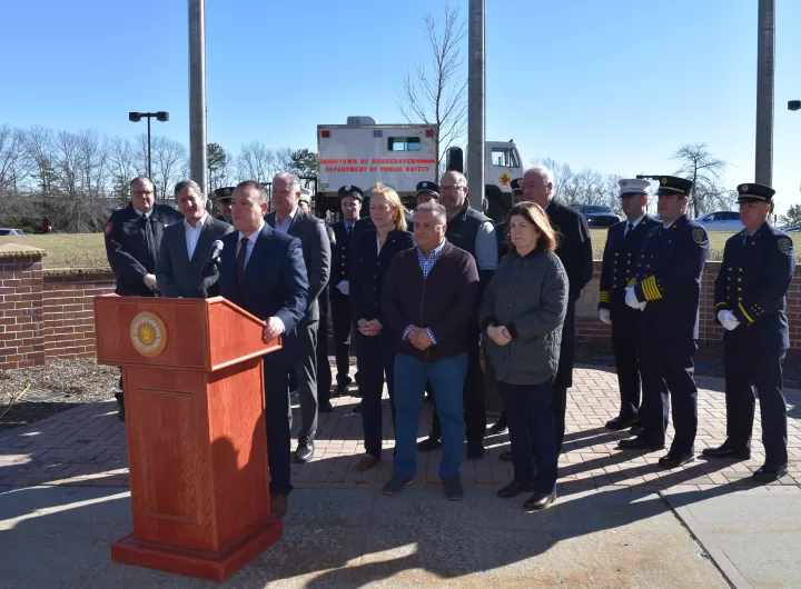 Brookhaven Town Supervisor Dan Panico (standing behind podium)  was joined at the press conference by (front row, left to right) Chief Fire Marshal Chris Mehrman; Councilmember Jonathan Kornreich; Deputy Supervisor/Councilman Neil Foley; Port Jefferson Mayor Lauren Sheprow; Councilman Michael Loguercio and Councilwoman Karen Dunne Kesnig. You can watch a video of the press conference at www.BrookhavenNY.gov.