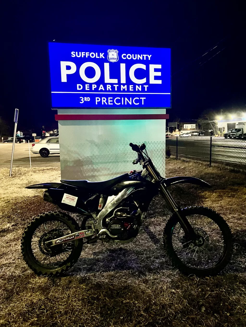 (Photo Courtesy of SCPD) Police seized this dirt bike from Elmer Turcios, who was arrested for reckless driving and fleeing police.
