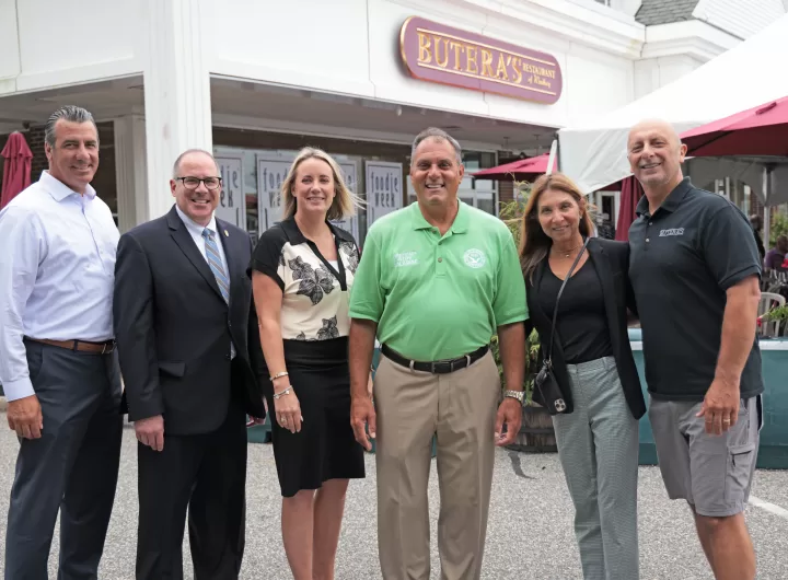 (Photo: Town of Oyster Bay) Oyster Bay Town Supervisor Joe Saladino (third from right) has announced that all fees have been waived for outdoor dining.