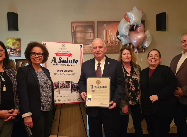 (Photo: Village of Islandia) Pictured (left to right): Deputy Suffolk County Executive Dr. Sylvia Diaz, Suffolk County Executive’s Office of Women’s Services Director Grace Ioaniddis, Suffolk County Veterans Services Director Marcelle Leis, and Suffolk County Legislators Leslie Kennedy, and Nick Caracappa, who is a member and chair of the Legislative Veterans Committee, respectively.
