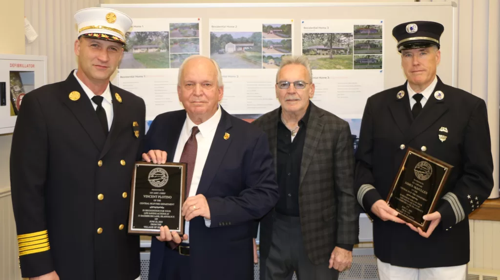 (Photo: Village of Islandia) Pictured (left to right) Central Islip FD First Assistant Chief Vincent Plotino, Islandia Mayor Allan M. Dorman, Deputy Mayor Tom Annicaro and former CIFD Captain James McMullen.