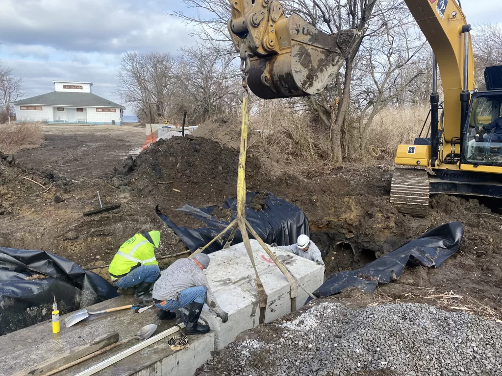 (Photo Courtesy of City of Glen Cove DPW) Work being done on the culvert replacement project at Crescent Beach.