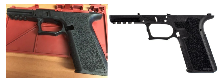 (Photo Courtesy of the Office of the Attorney General) An unfinished firearm frame sold by Indie Guns (left) is nearly indistinguishable from the same frame (right) sold by a different retailer as finished, complete with serialization and the required background check.