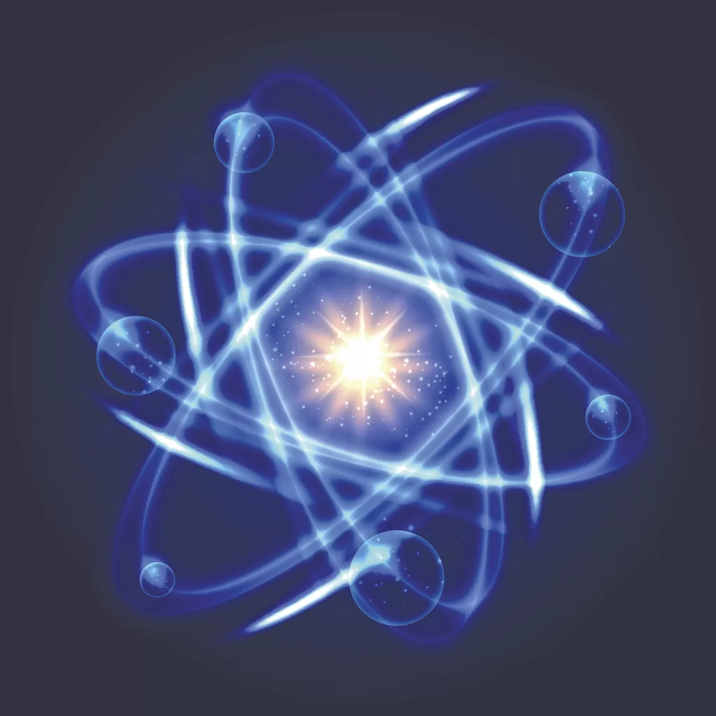 Vector atom icon. Shining nuclear atom model