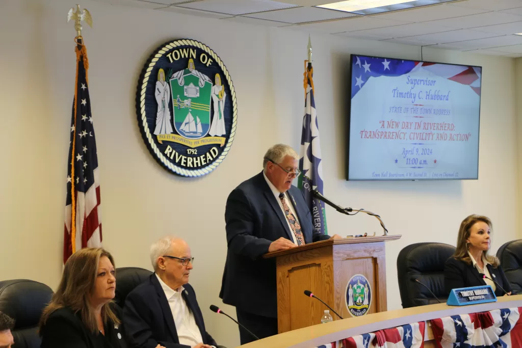 (Photo: Hank Russell) Riverhead Town Supervisor Timothy Hubbard delivers his State of the Town speech on April 9.