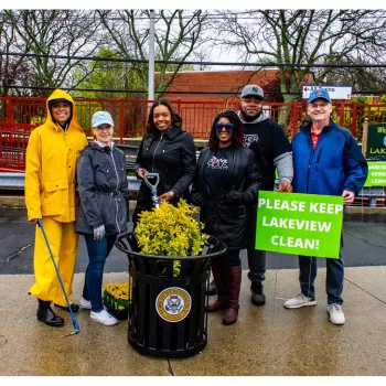 (Photo Courtesy of Office of Bill Gaylor) Nassau County Legislator Bill Gaylor (right) and Hempstead Town Councilwoman Laura Ryder (second from left) are joined by members of the Lakeview Civic Association during the community cleanup on April 20.