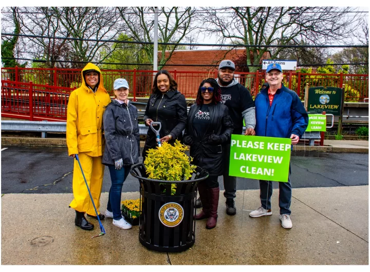 (Photo Courtesy of Office of Bill Gaylor) Nassau County Legislator Bill Gaylor (right) and Hempstead Town Councilwoman Laura Ryder (second from left) are joined by members of the Lakeview Civic Association during the community cleanup on April 20.