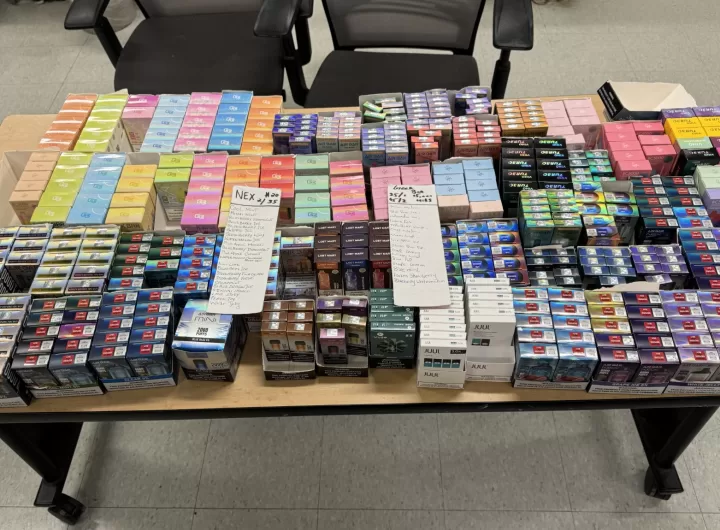 (Photo Courtesy of SCPD) Suffolk police seized flavored nicotine and vapes from J Mart & Smoke Shop in Patchogue.