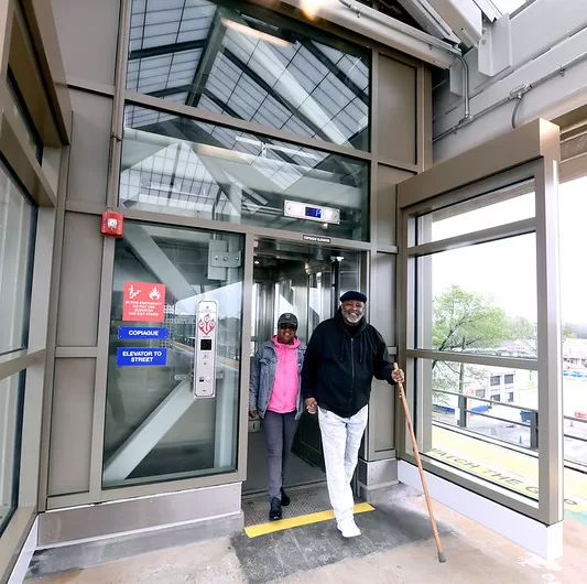 (Photo: Marc A. Hermann/MTA) The handicap-accessible elevator and connected sidewalk at the LIRR station in Copiague are now available.
