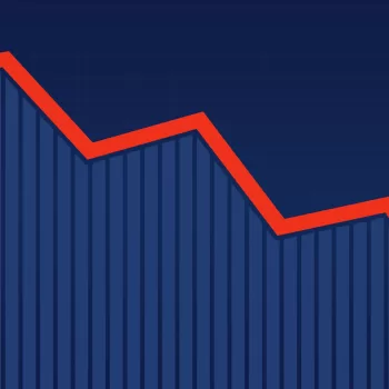 Abstract financial bar chart with red downtrend line arrow graph on blue color background