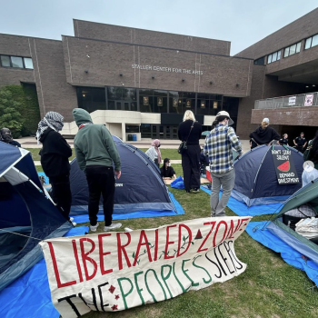 (Photo: Students for Justice for Palestine) This Instagram post shows the Students for Justice for Palestine set up an encampment in front of the Staller Center for the Arts at Stony Brook University on April 30.