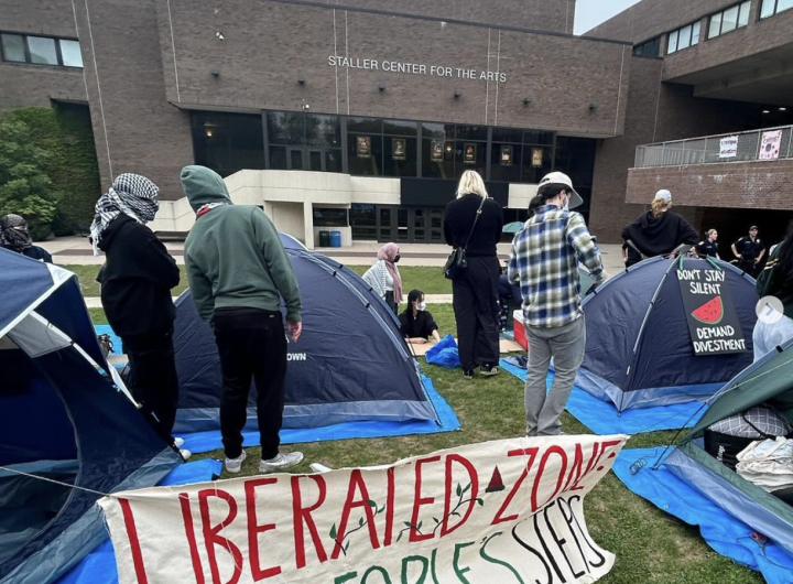 (Photo: Students for Justice for Palestine) This Instagram post shows the Students for Justice for Palestine set up an encampment in front of the Staller Center for the Arts at Stony Brook University on April 30.