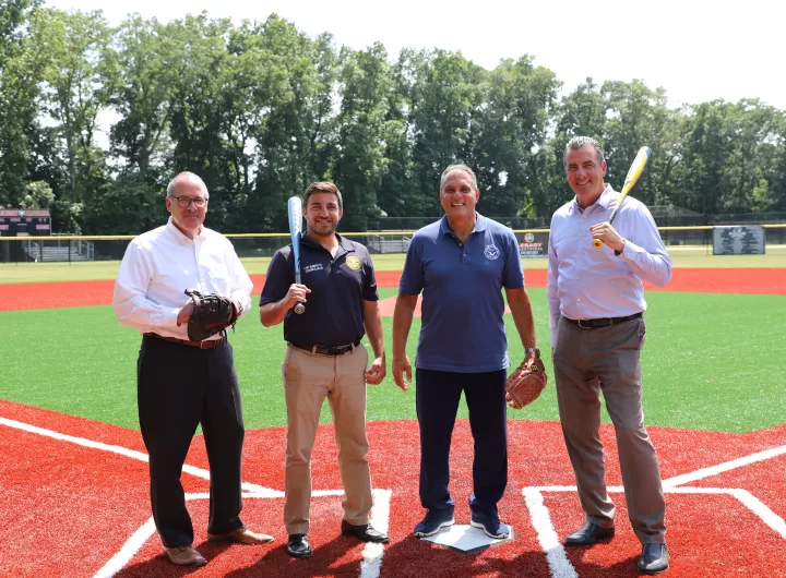 Plainview, NY – Oyster Bay Town Supervisor Joseph Saladino, Councilman Lou Imbroto, Town Clerk Richard LaMarca and Tax Receiver Jeffrey Pravato announce the competition of baseball field improvements at Haypath Park in Plainview. The Town of Oyster Bay upgraded the natural surface infield to a synthetic turf playing area.
