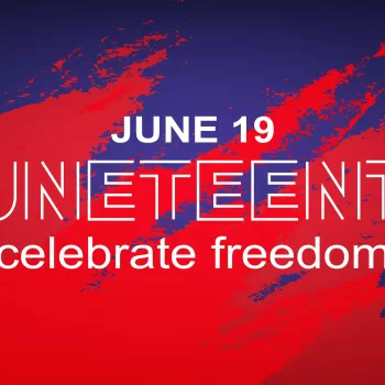 Juneteenth Celebrate Freedom June 19 banner. African - American Independence day. White text on blue red background.